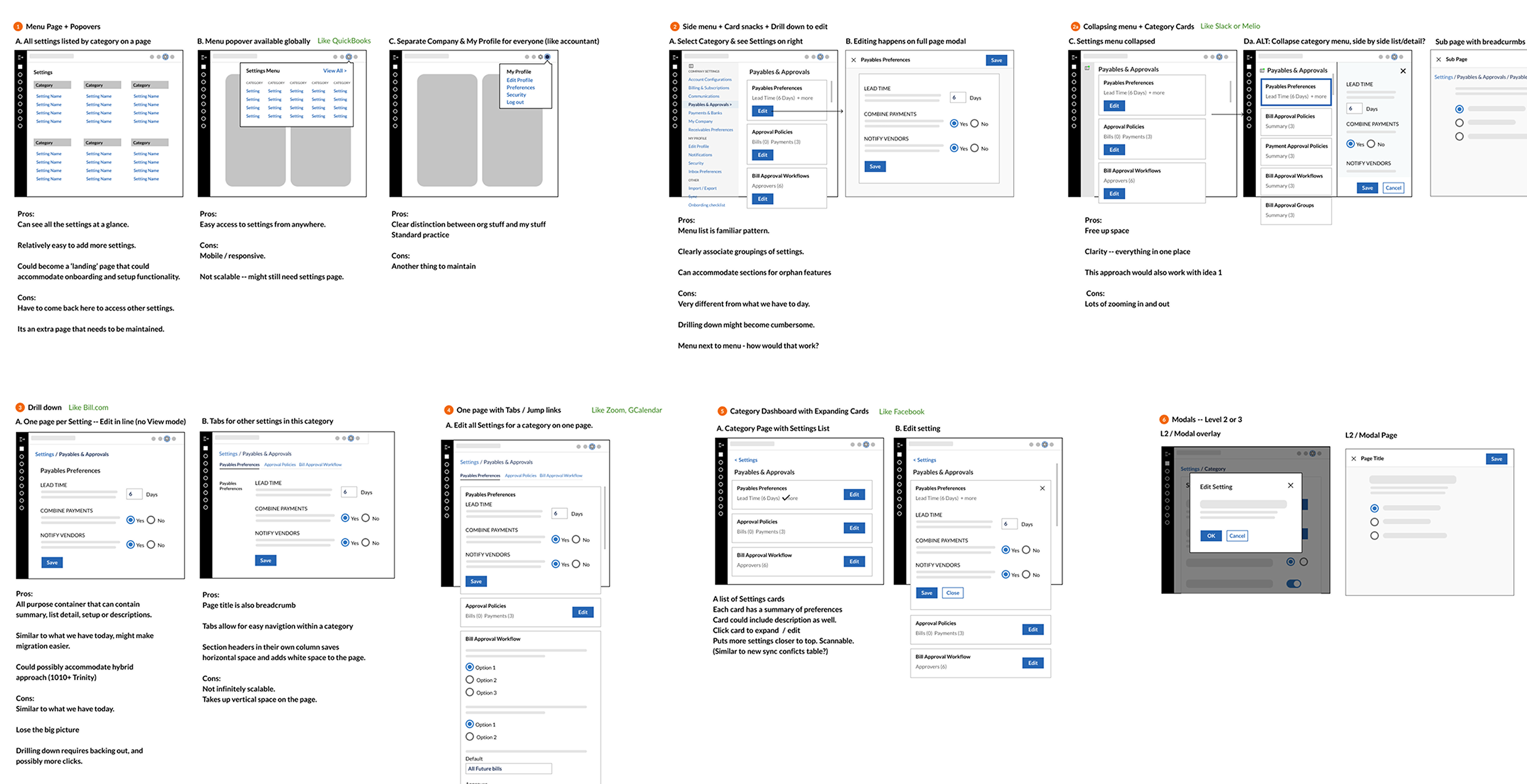 Settings UI design explorations mini wireframes screenshot