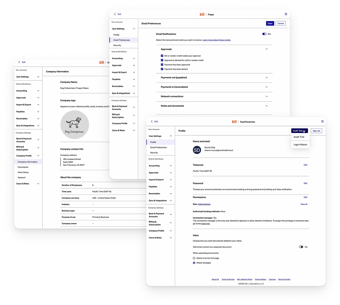 New Settings screenshots of email preferences, company and user profile